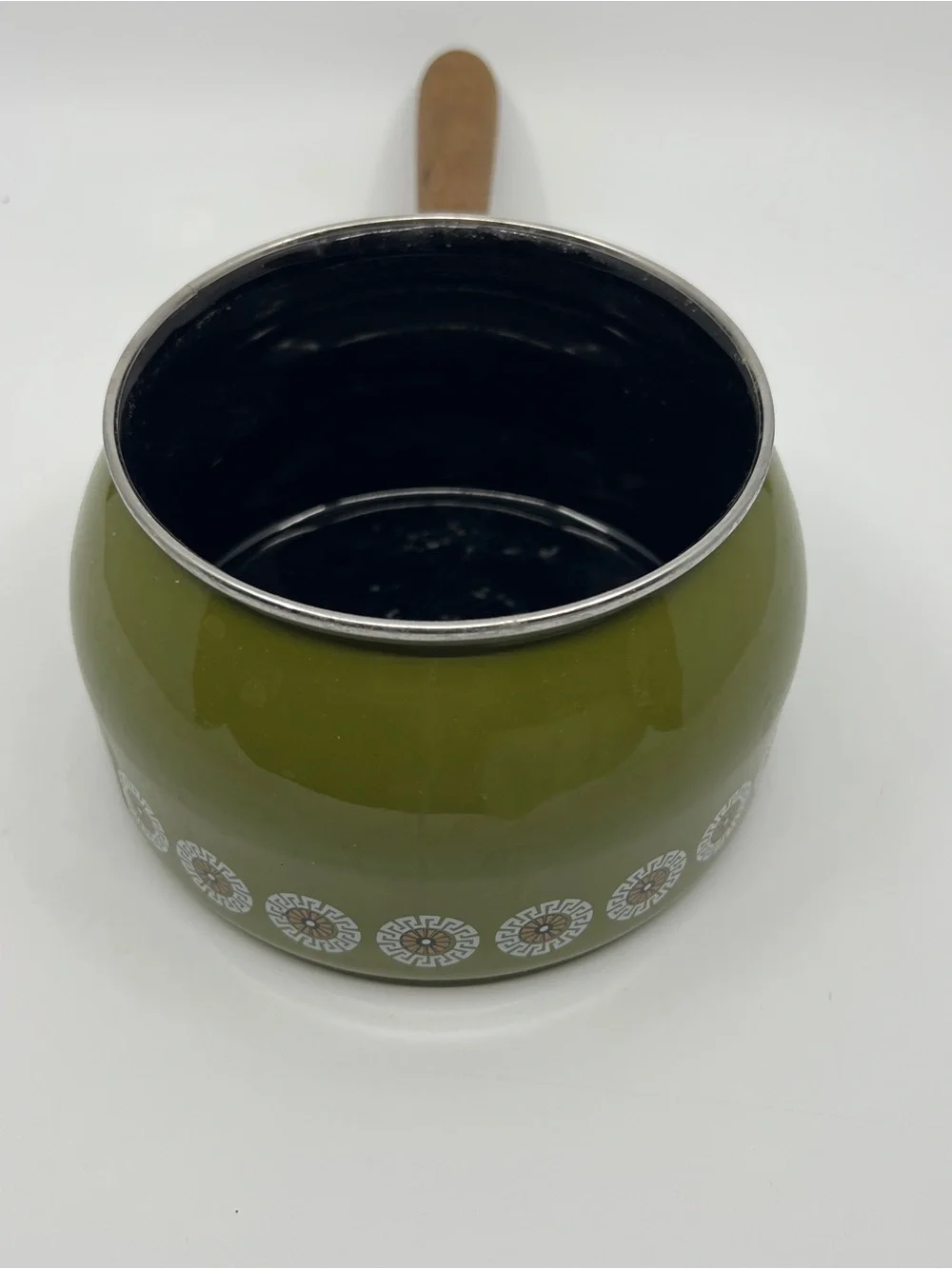 Vintage avocado green fondue pit enamelware saucepan pot wooden handle metal lid